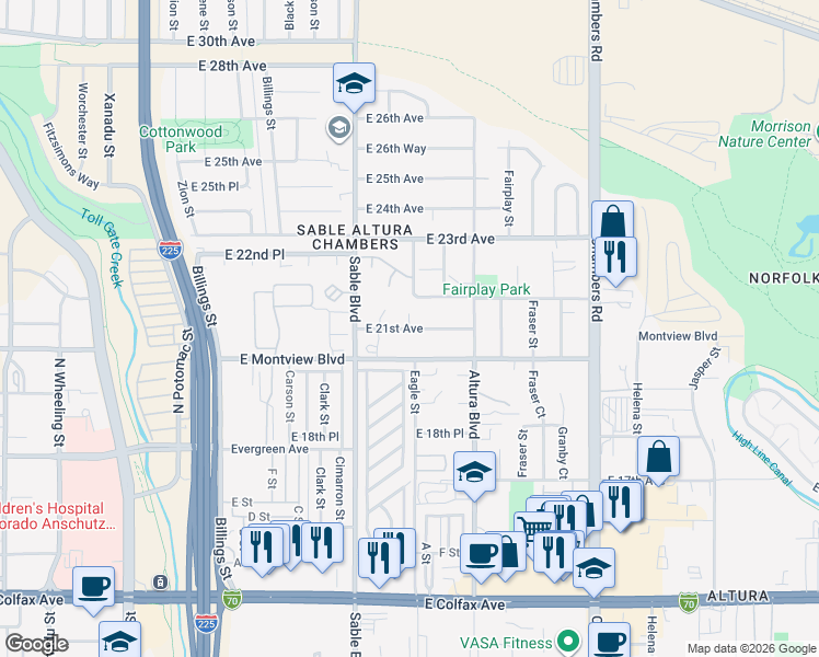 map of restaurants, bars, coffee shops, grocery stores, and more near 1880 Eagle Circle in Aurora