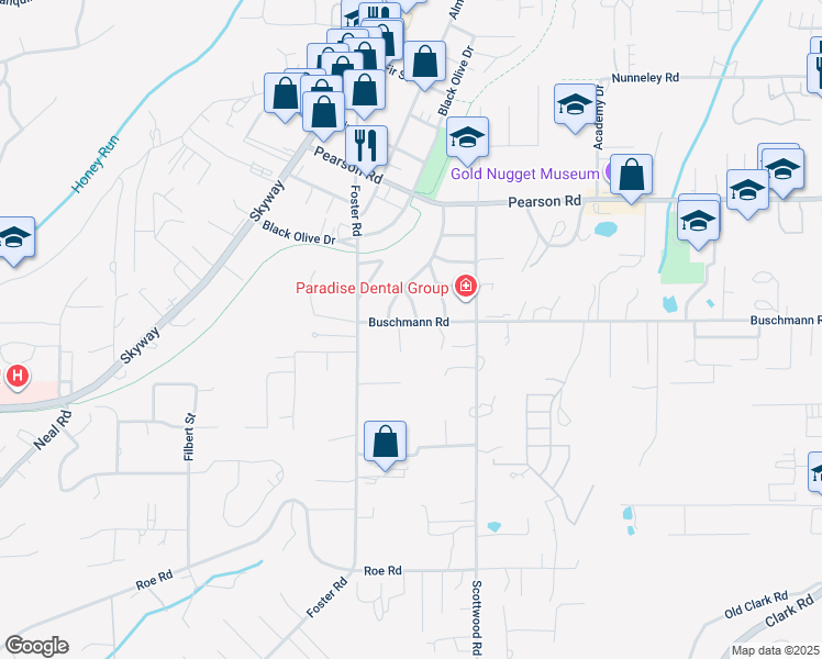 map of restaurants, bars, coffee shops, grocery stores, and more near 696 Buschmann Road in Paradise