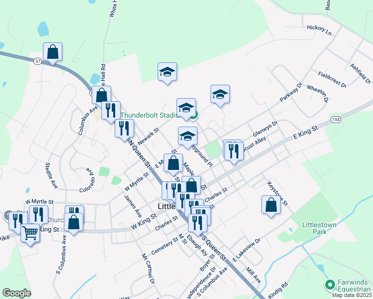 map of restaurants, bars, coffee shops, grocery stores, and more near 75 Maple Avenue in Littlestown