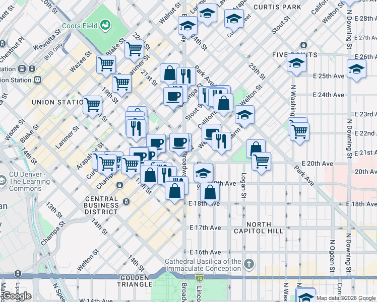 map of restaurants, bars, coffee shops, grocery stores, and more near 2003 Welton Street in Denver