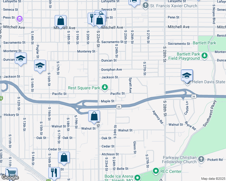 map of restaurants, bars, coffee shops, grocery stores, and more near 1920 Wank Avenue in Saint Joseph