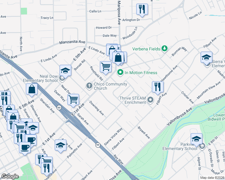 map of restaurants, bars, coffee shops, grocery stores, and more near 922 Karen Drive in Chico