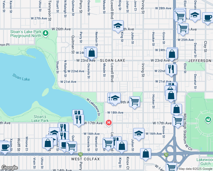 map of restaurants, bars, coffee shops, grocery stores, and more near 2047 Meade Street in Denver