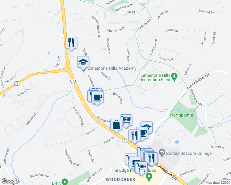 map of restaurants, bars, coffee shops, grocery stores, and more near 1110 Braken Avenue in Wilmington