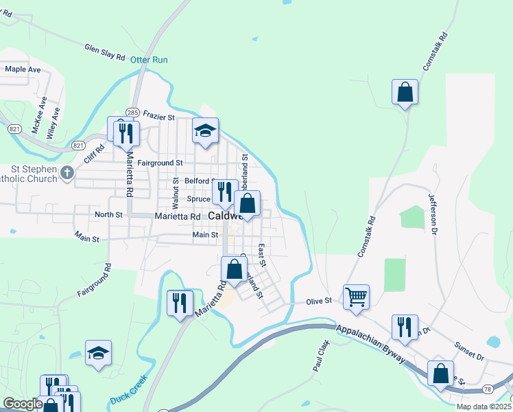 map of restaurants, bars, coffee shops, grocery stores, and more near 511 East Street in Caldwell