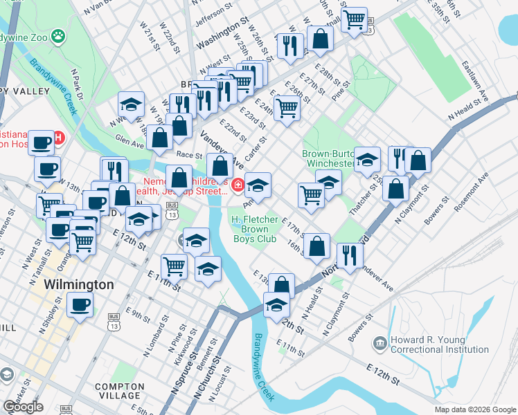 map of restaurants, bars, coffee shops, grocery stores, and more near 610 East 17th Street in Wilmington