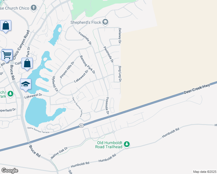 map of restaurants, bars, coffee shops, grocery stores, and more near 1339 Yosemite Drive in Chico