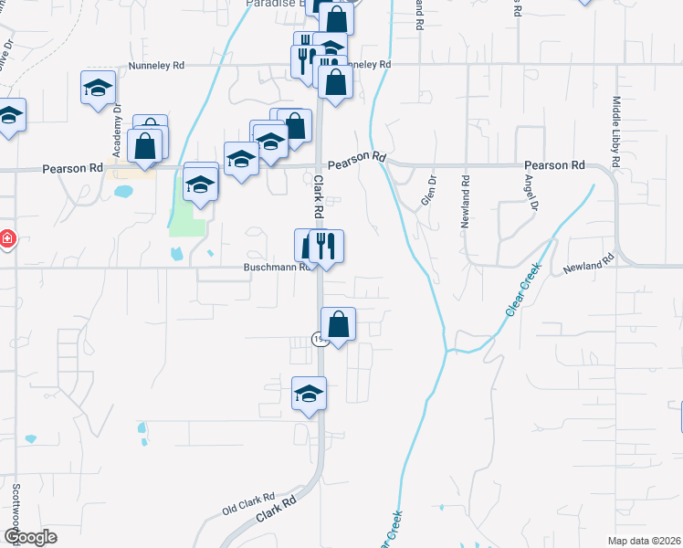 map of restaurants, bars, coffee shops, grocery stores, and more near 5552 Clark Road in Paradise