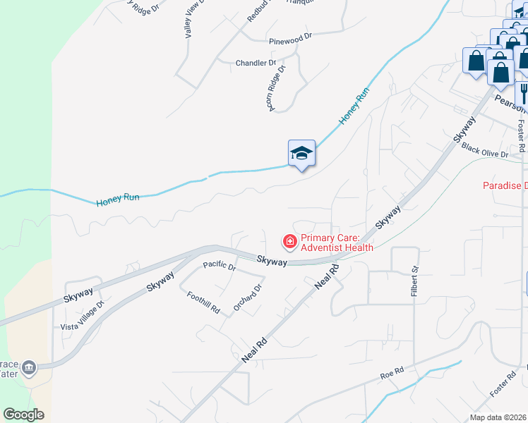 map of restaurants, bars, coffee shops, grocery stores, and more near 291 Keffer Lane in Paradise