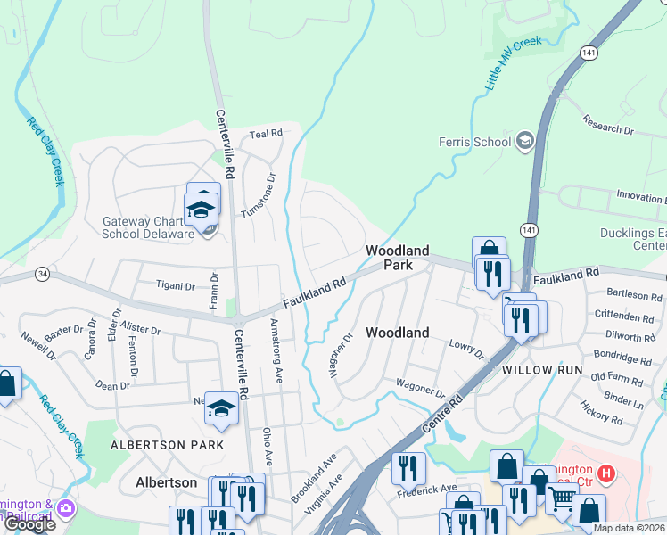 map of restaurants, bars, coffee shops, grocery stores, and more near 2106 Wildwood Drive in Wilmington