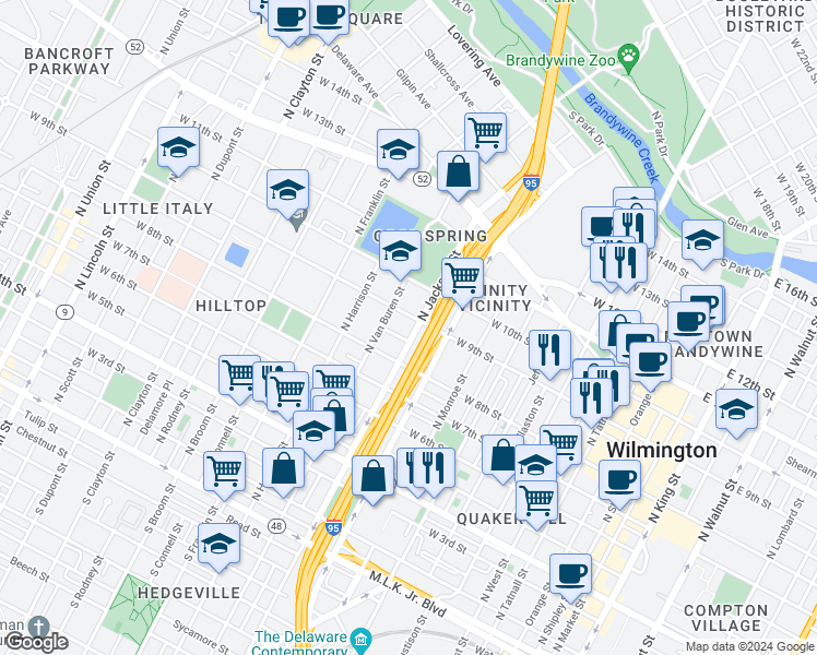 map of restaurants, bars, coffee shops, grocery stores, and more near 823 North Jackson Street in Wilmington