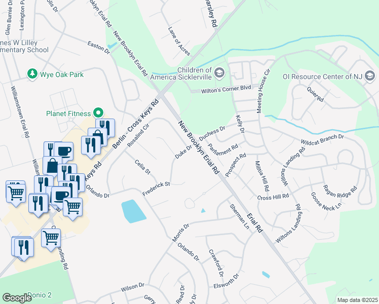 map of restaurants, bars, coffee shops, grocery stores, and more near 5 Duke Drive in Sicklerville