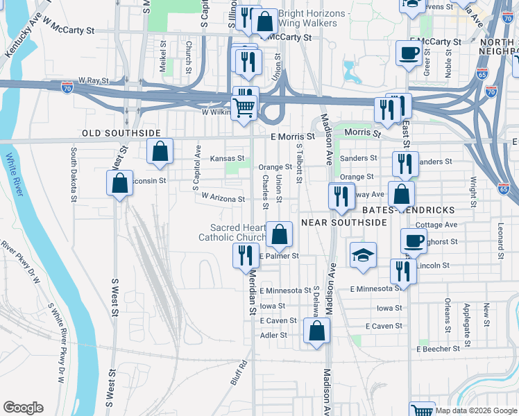 map of restaurants, bars, coffee shops, grocery stores, and more near 1410 Charles Street in Indianapolis