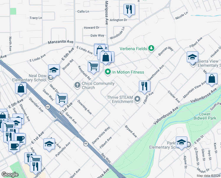 map of restaurants, bars, coffee shops, grocery stores, and more near 1280 Pennisue Way in Chico