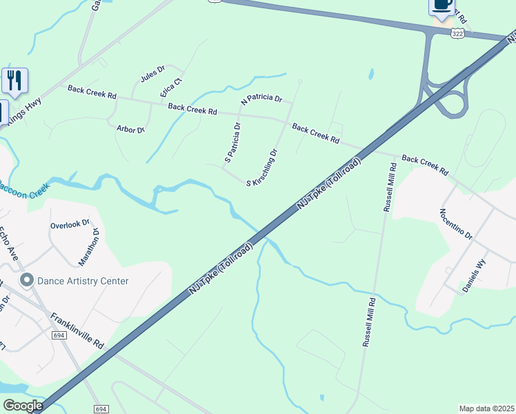 map of restaurants, bars, coffee shops, grocery stores, and more near 154 South Kirschling Drive in Woolwich Township