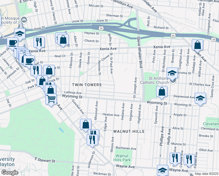 map of restaurants, bars, coffee shops, grocery stores, and more near 1142 Beaumont Avenue in Dayton