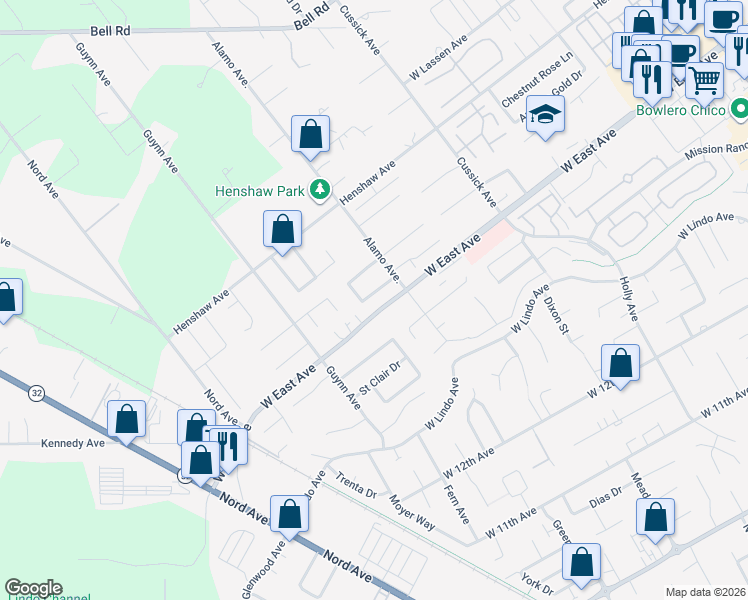 map of restaurants, bars, coffee shops, grocery stores, and more near 825 Black Walnut Way in Chico