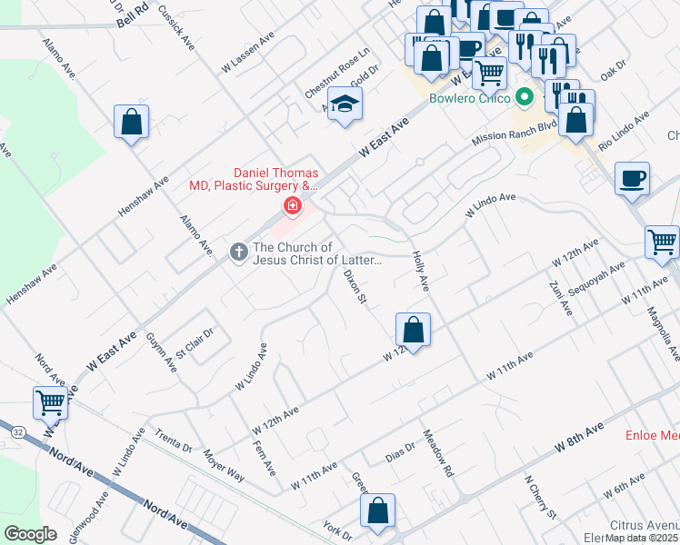 map of restaurants, bars, coffee shops, grocery stores, and more near 848 West Lindo Avenue in Chico