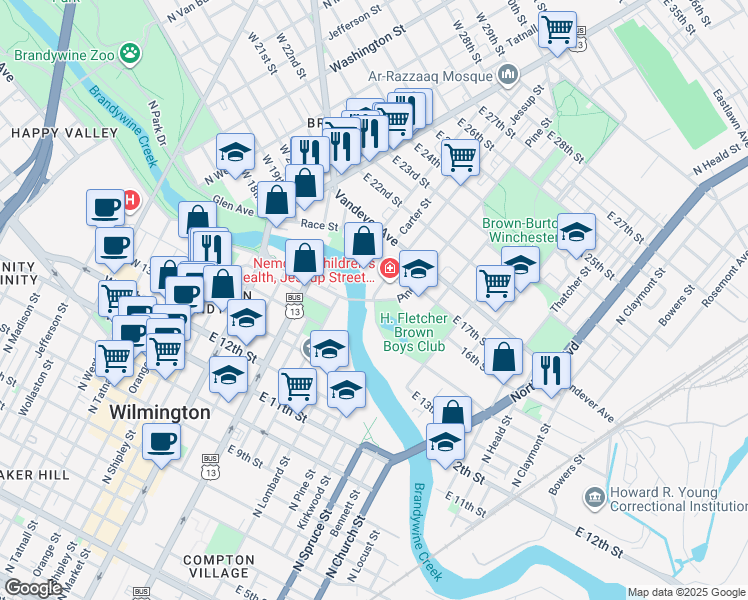 map of restaurants, bars, coffee shops, grocery stores, and more near 1600 Jessup Street in Wilmington