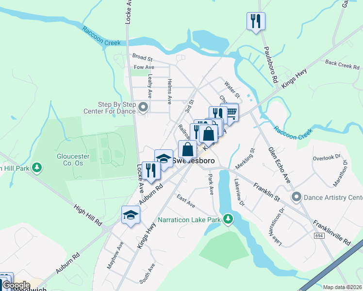 map of restaurants, bars, coffee shops, grocery stores, and more near 422 2nd Street in Swedesboro