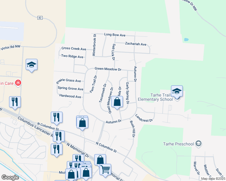 map of restaurants, bars, coffee shops, grocery stores, and more near 1730 Quail Meadows Drive in Lancaster