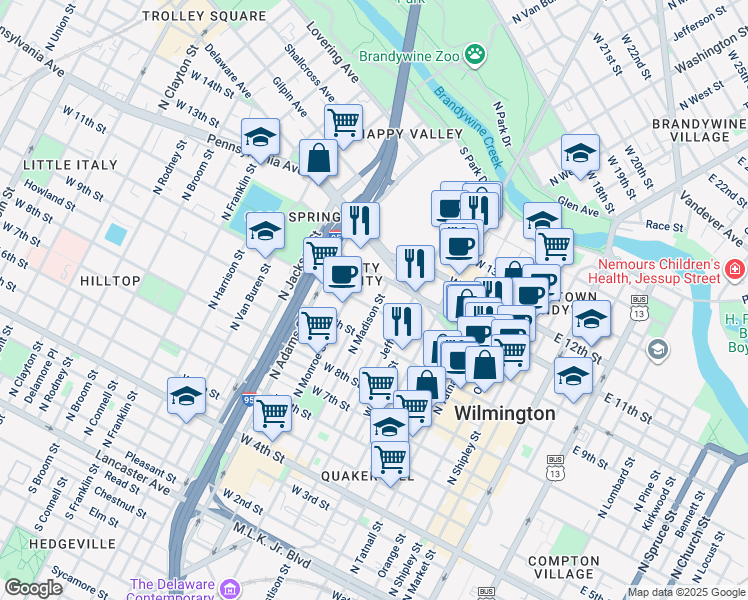 map of restaurants, bars, coffee shops, grocery stores, and more near 1007 North Madison Street in Wilmington