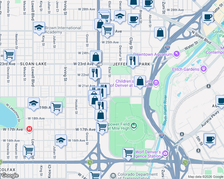 map of restaurants, bars, coffee shops, grocery stores, and more near 2045 Eliot Street in Denver