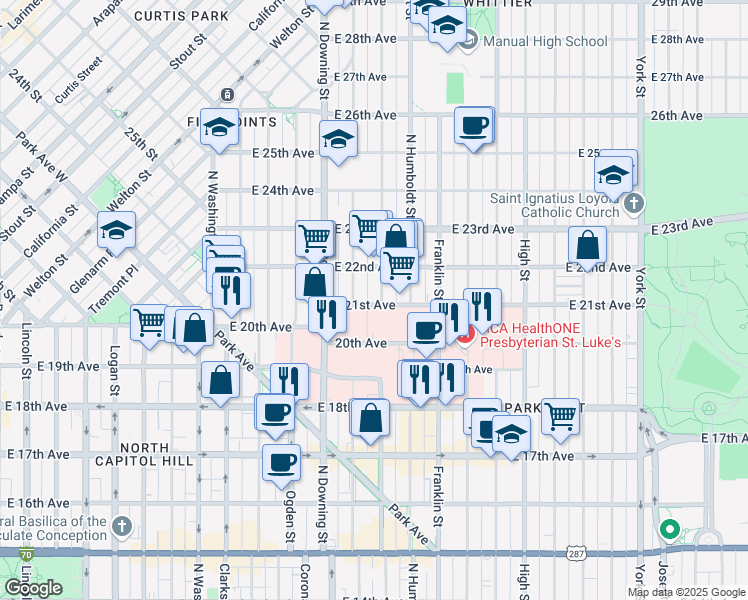 map of restaurants, bars, coffee shops, grocery stores, and more near 2105 Lafayette Street in Denver