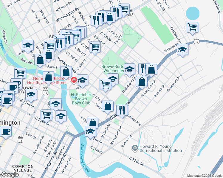 map of restaurants, bars, coffee shops, grocery stores, and more near 2200 North Locust Street in Wilmington