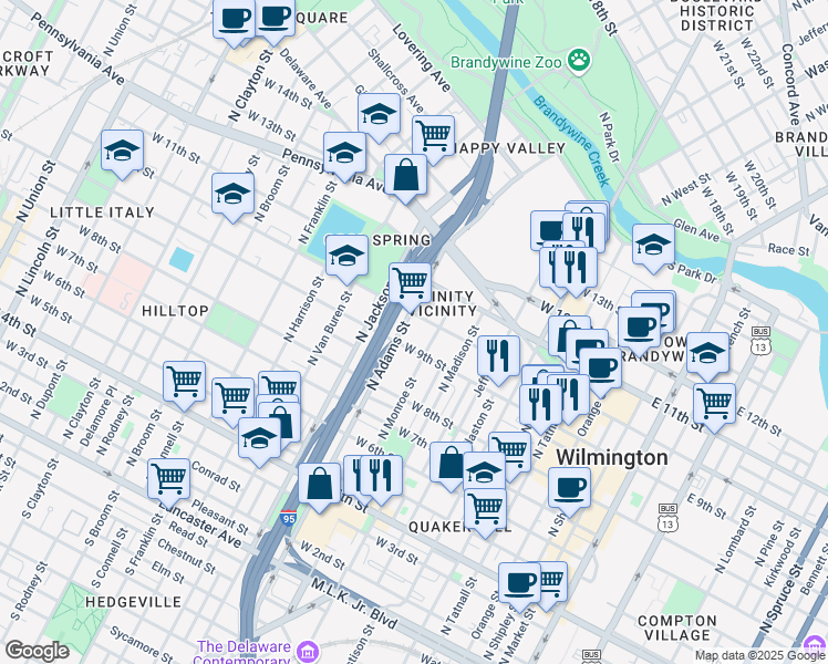 map of restaurants, bars, coffee shops, grocery stores, and more near 908 North Adams Street in Wilmington