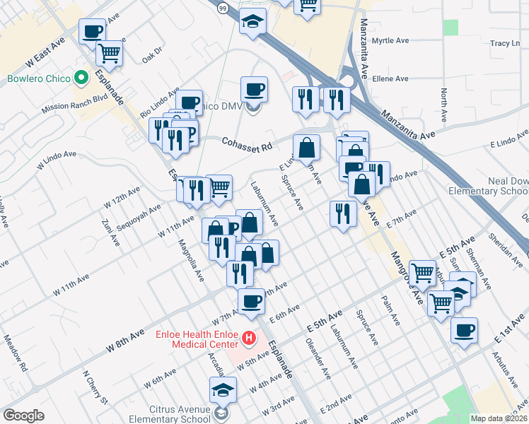 map of restaurants, bars, coffee shops, grocery stores, and more near 297 East 10th Avenue in Chico