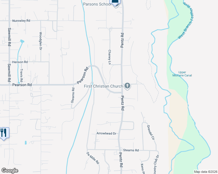 map of restaurants, bars, coffee shops, grocery stores, and more near 1615 Pearson Road in Paradise