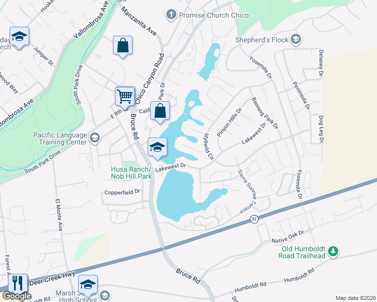map of restaurants, bars, coffee shops, grocery stores, and more near 8 Dana Point Road in Chico