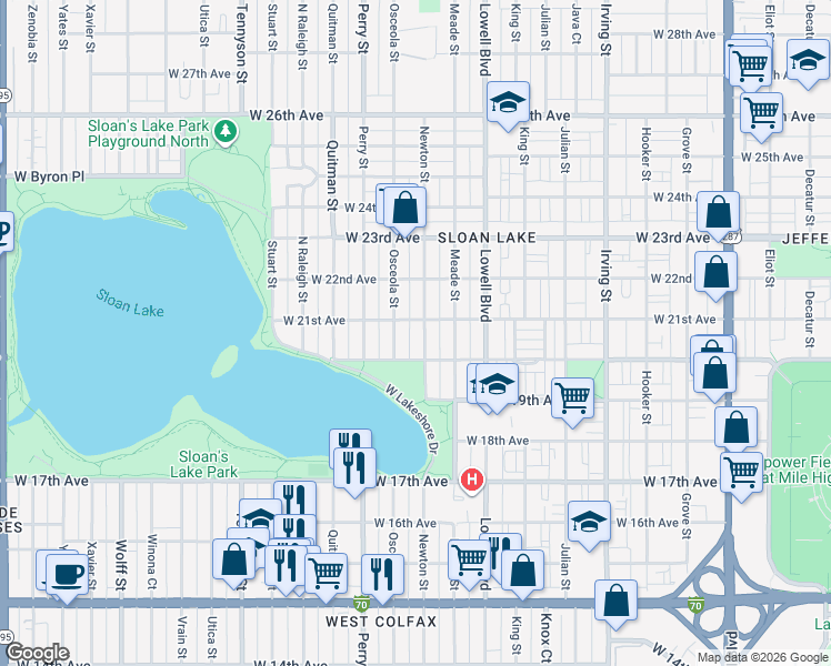 map of restaurants, bars, coffee shops, grocery stores, and more near 2045 Newton Street in Denver