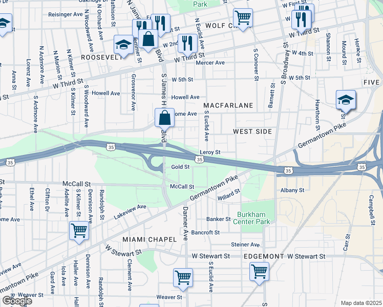 map of restaurants, bars, coffee shops, grocery stores, and more near 146 Leroy Street in Dayton