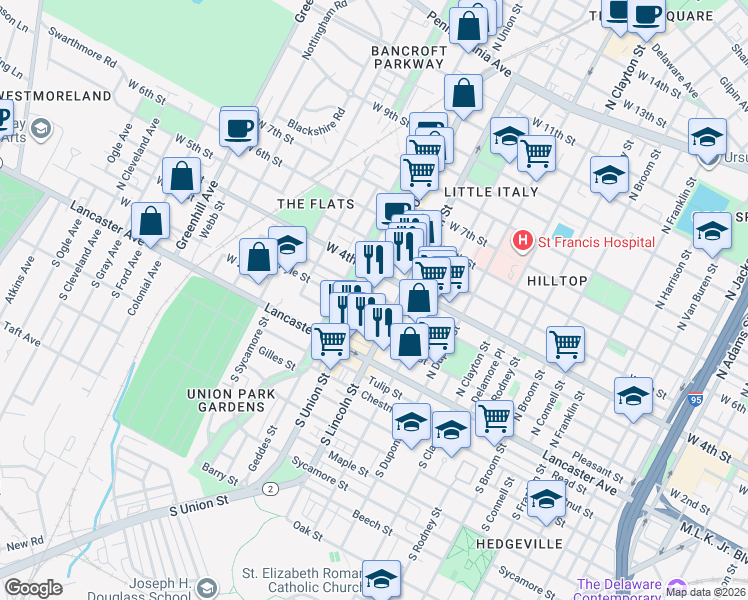 map of restaurants, bars, coffee shops, grocery stores, and more near 224 North Union Street in Wilmington