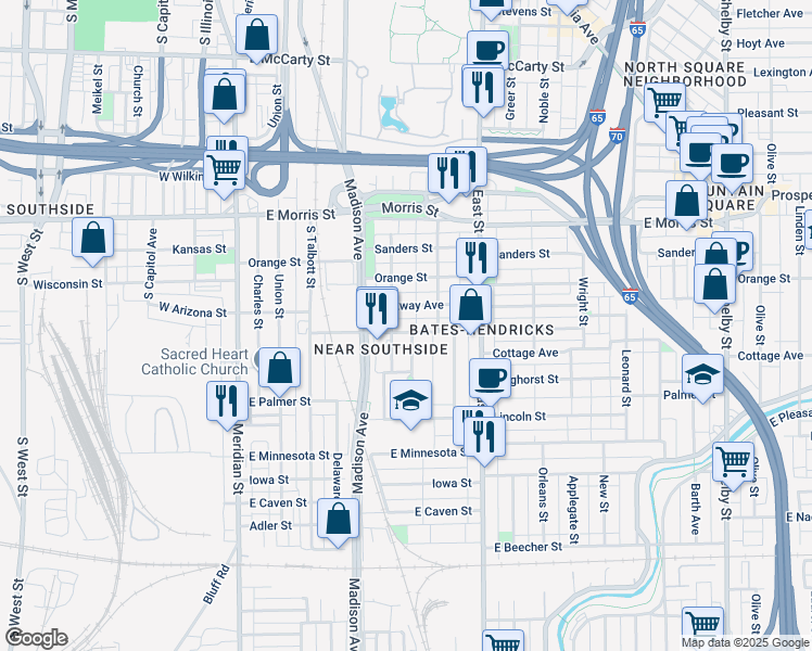 map of restaurants, bars, coffee shops, grocery stores, and more near 318 Terrace Avenue in Indianapolis