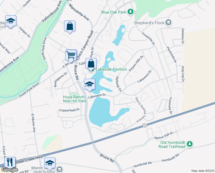 map of restaurants, bars, coffee shops, grocery stores, and more near 8 Dana Point Road in Chico