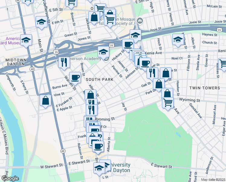map of restaurants, bars, coffee shops, grocery stores, and more near 14 Johnson Street in Dayton