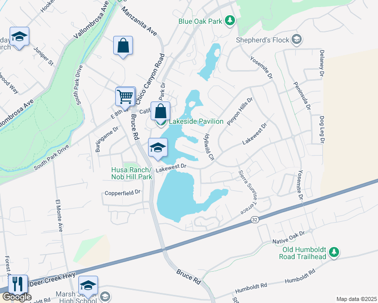 map of restaurants, bars, coffee shops, grocery stores, and more near 8 Dana Point Road in Chico