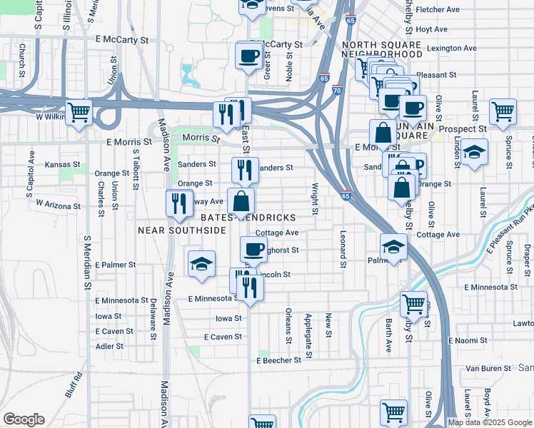 map of restaurants, bars, coffee shops, grocery stores, and more near 602 Terrace Avenue in Indianapolis