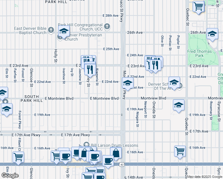 map of restaurants, bars, coffee shops, grocery stores, and more near 2047 North Locust Street in Denver