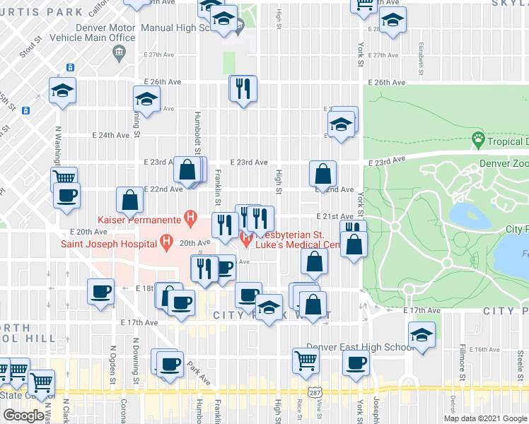 map of restaurants, bars, coffee shops, grocery stores, and more near 2110 North Williams Street in Denver