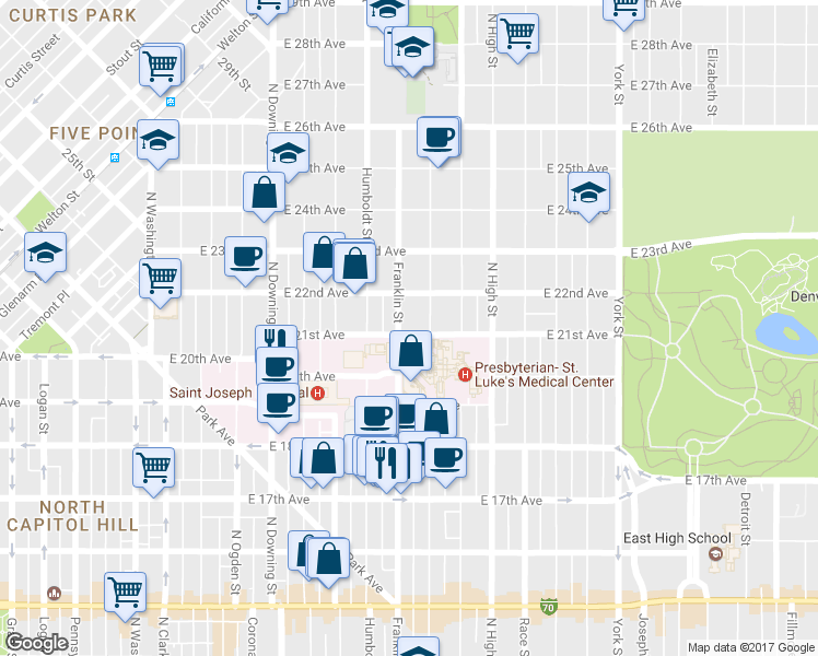 map of restaurants, bars, coffee shops, grocery stores, and more near 2101 Franklin Street in Denver