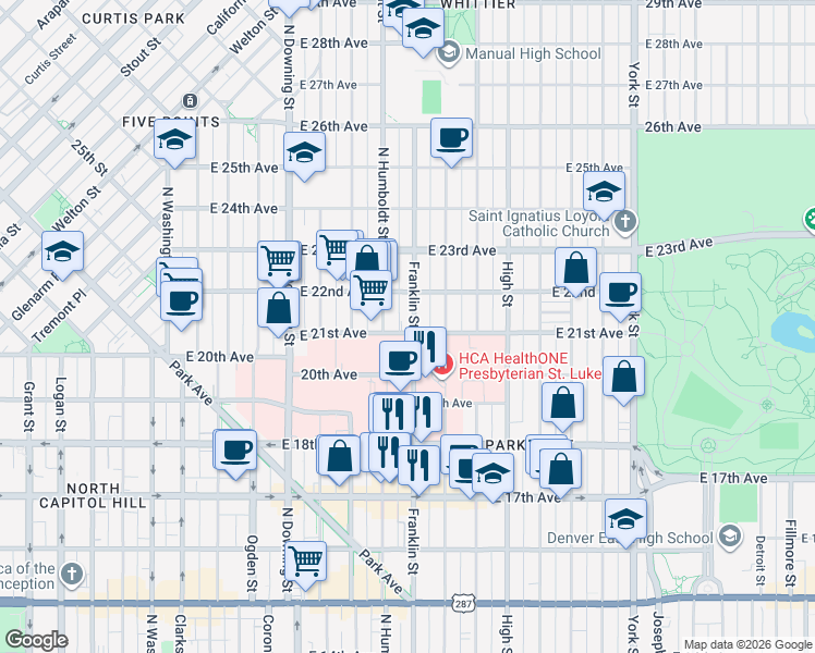 map of restaurants, bars, coffee shops, grocery stores, and more near 2101 Franklin Street in Denver