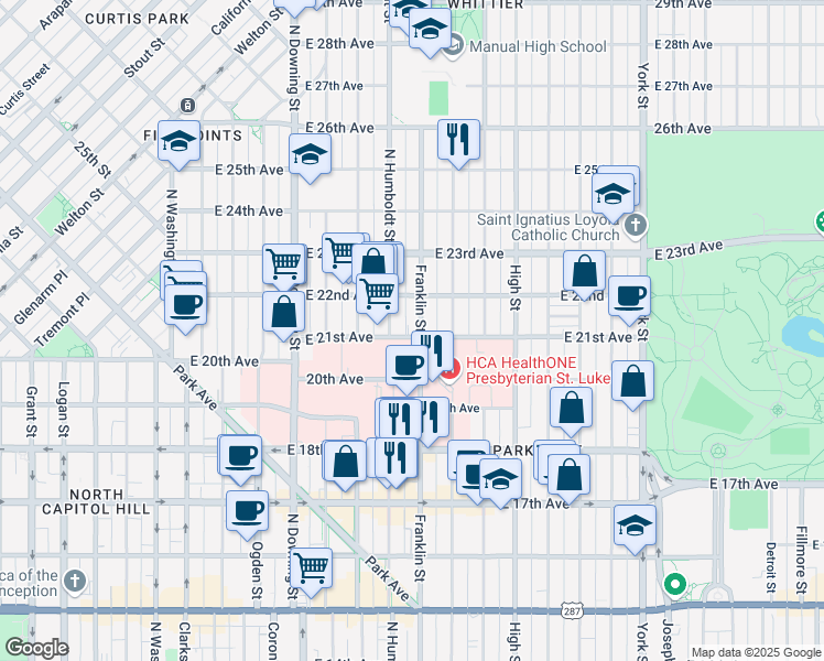 map of restaurants, bars, coffee shops, grocery stores, and more near 2101 Franklin Street in Denver