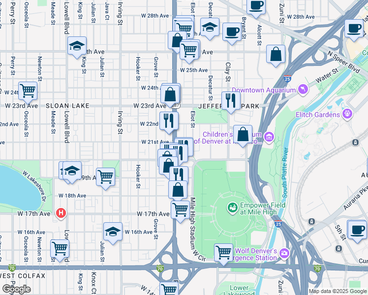 map of restaurants, bars, coffee shops, grocery stores, and more near 2045 Eliot Street in Denver