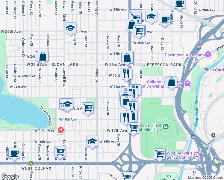 map of restaurants, bars, coffee shops, grocery stores, and more near 2075 Hooker Street in Denver