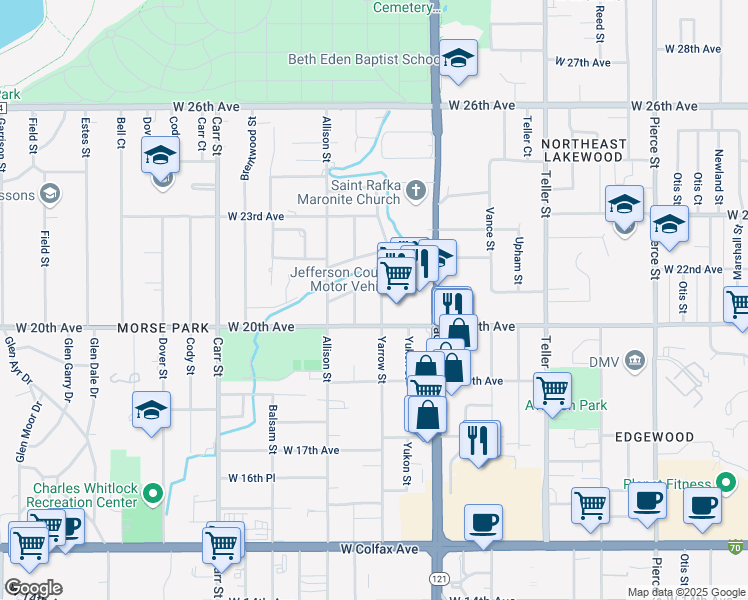 map of restaurants, bars, coffee shops, grocery stores, and more near 2075 Yarrow Street in Lakewood