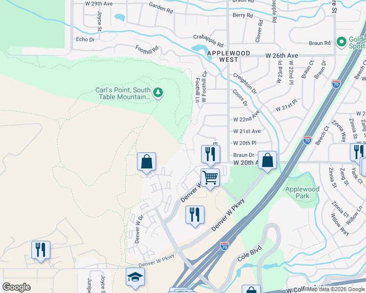 map of restaurants, bars, coffee shops, grocery stores, and more near 2095 Elderberry Road in Golden